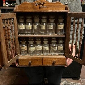 Vintage Wooden Spice Cabinet with Glass Jars